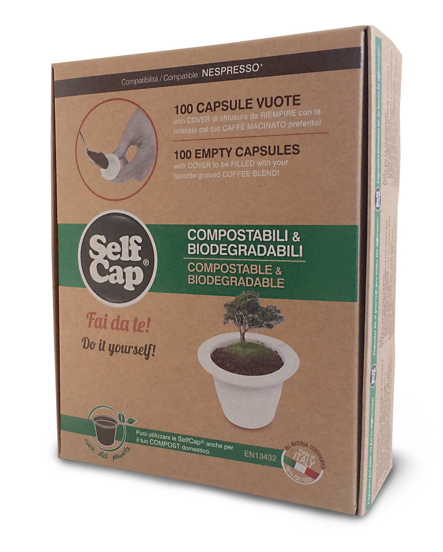 SELFCAP 100 CAPSULE COMPOSTABILI E BIODEGRADABILI FAI DA TE CARICABILI PER  NESPRESSO